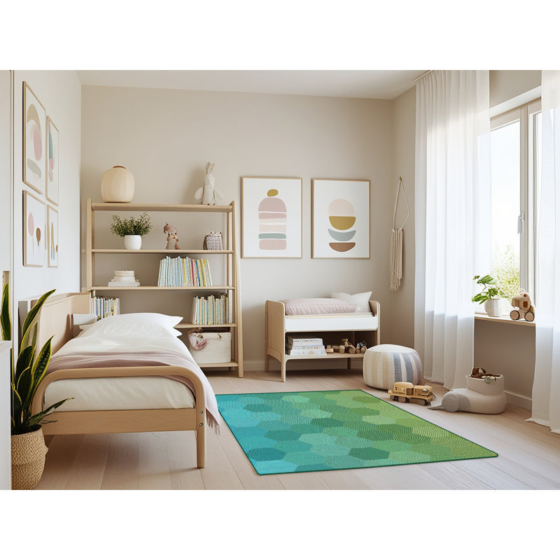 Tapis vert/jaune à motifs, Rectangle 3 pi x 5 pi