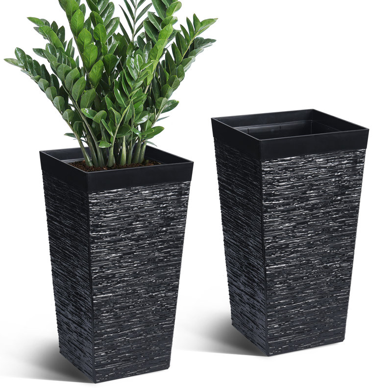 2pcs 22.7 Inch Black Tall Rectangular Planters Large Modern Plant Pots for Outdoor Porch Patio Indoor Home Office
