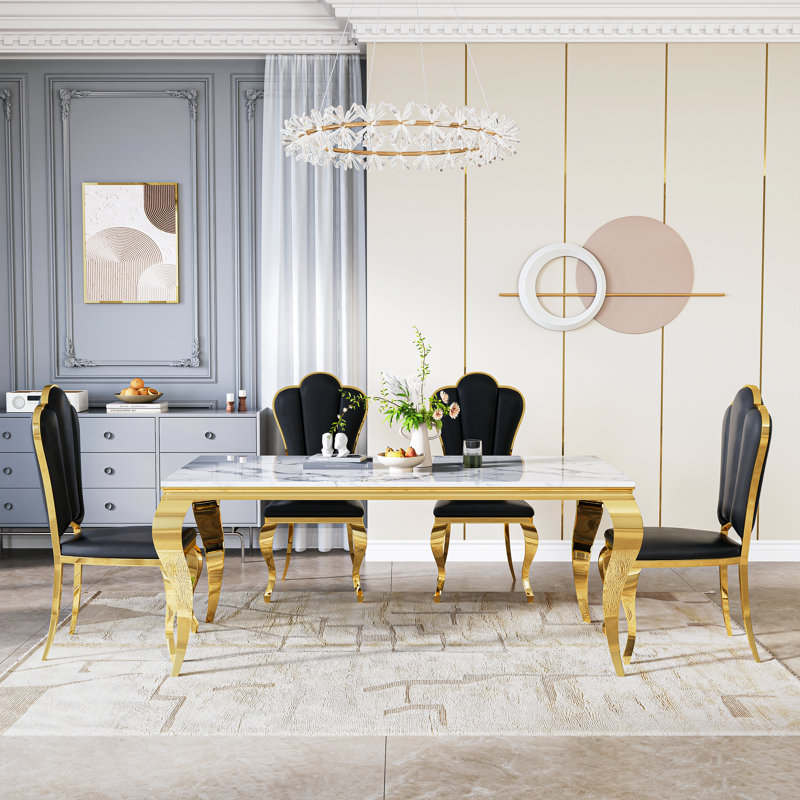 Modern 70" Marble Dining Table Set, Elegant White Faux Marble Top And Stainless Steel Legs, High-Back Petal Design Pu Leather Chairs
