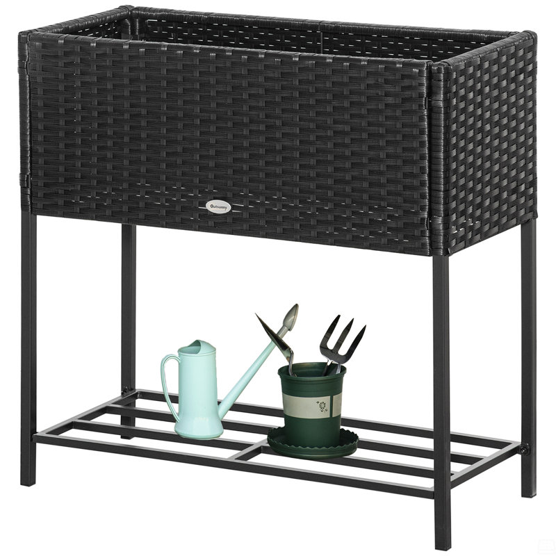 Raised Garden Bed, Elevated Planter Box With Rattan Wicker Look, Tool Storage Shelf, Black