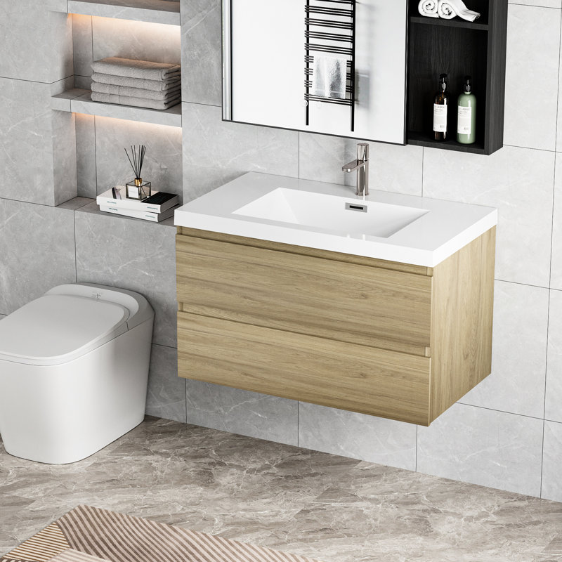 Meuble-lavabo 36 po, finition chêne naturel avec lavabo en résine et évier moderne à tiroir spacieux