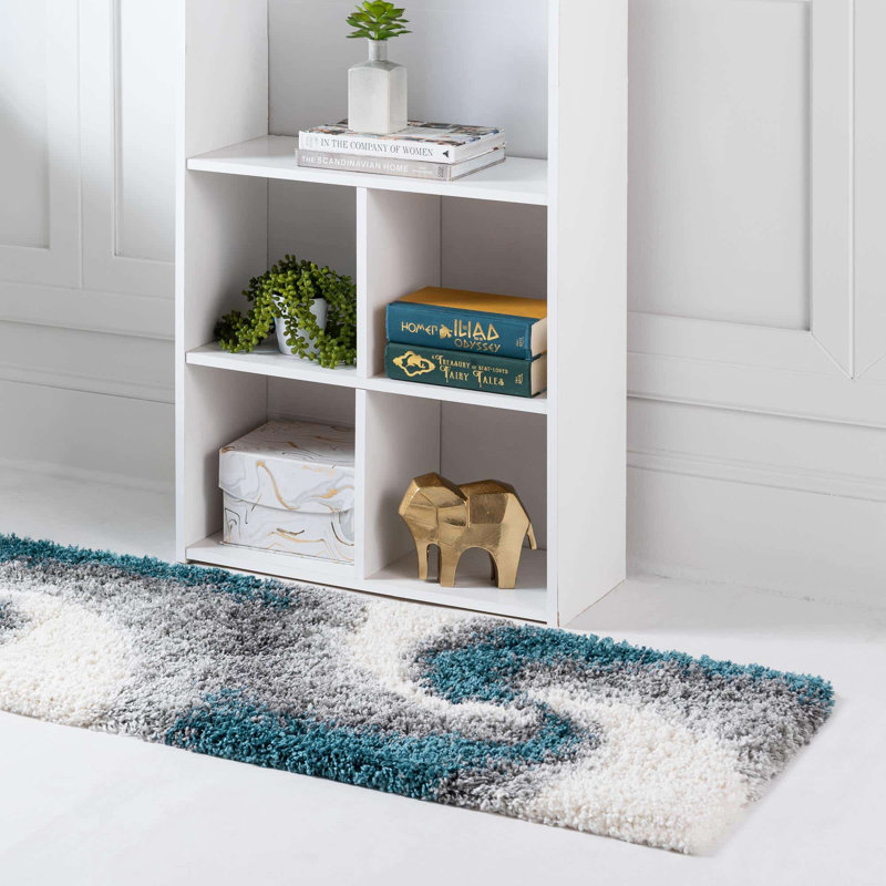 Tapis abstrait kaki , Turquoise/Gris, Tapis de couloir 2 pi 7 po x 10 pi