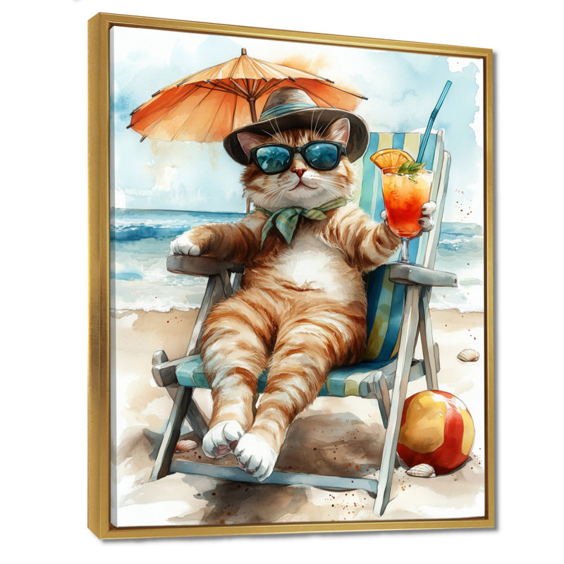 Chat sur la plage, détente I - décoration murale animaux côtiers, Toile avec cadre flottant or, H 20 po x l 12 po x P 1 po