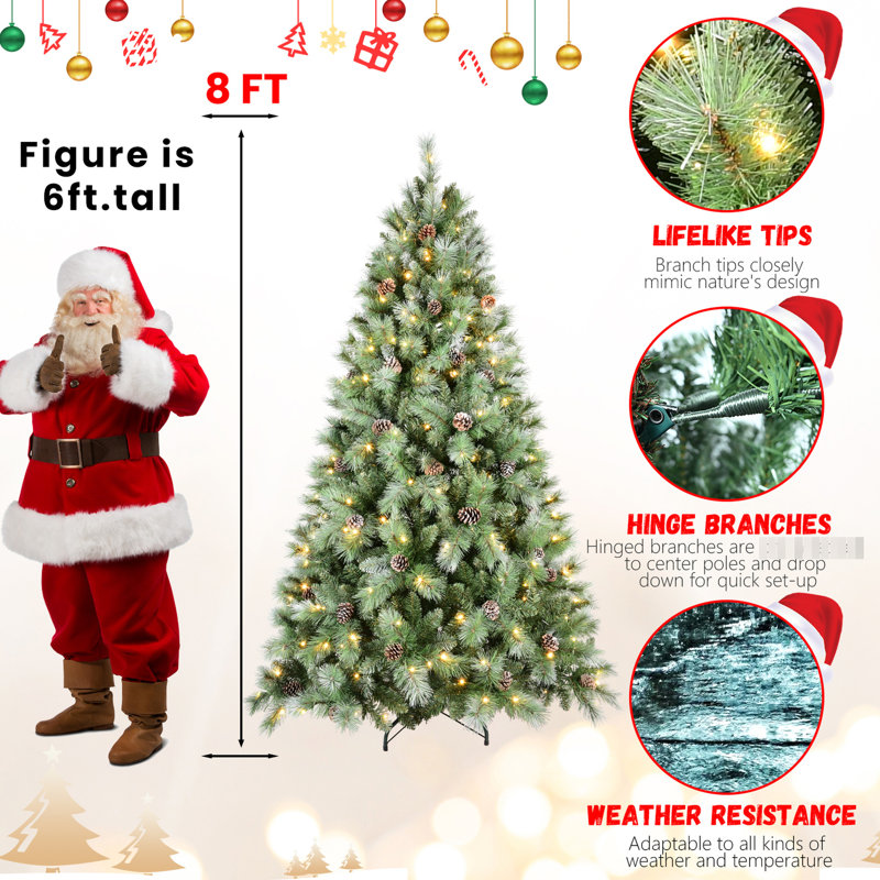 Arbre de Noël de Noël 72 pouces avec 300 lumières DEL pré-enfilées, 988 pointes de branches mixtes, 66 branches de pin, installation sans effort à charnières et base de 6 pi à lumière blanche