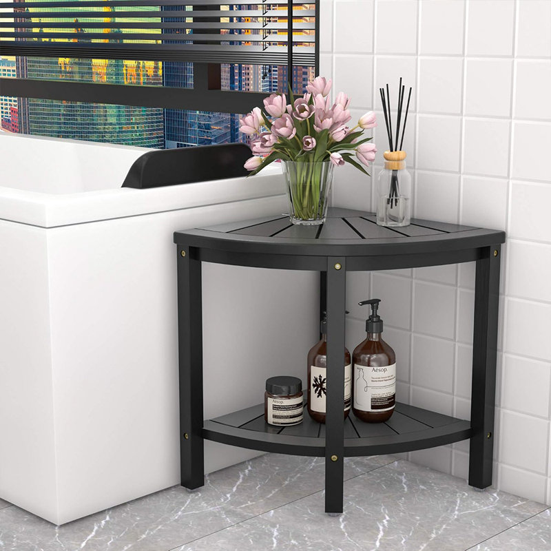 Eco-Friendly Water-Resistant Bamboo Corner Shower Bench With 2-Tier Storage Shelf 90-Degree Triangular Shape For Stable Seat Or Footrest Shaving - Black
