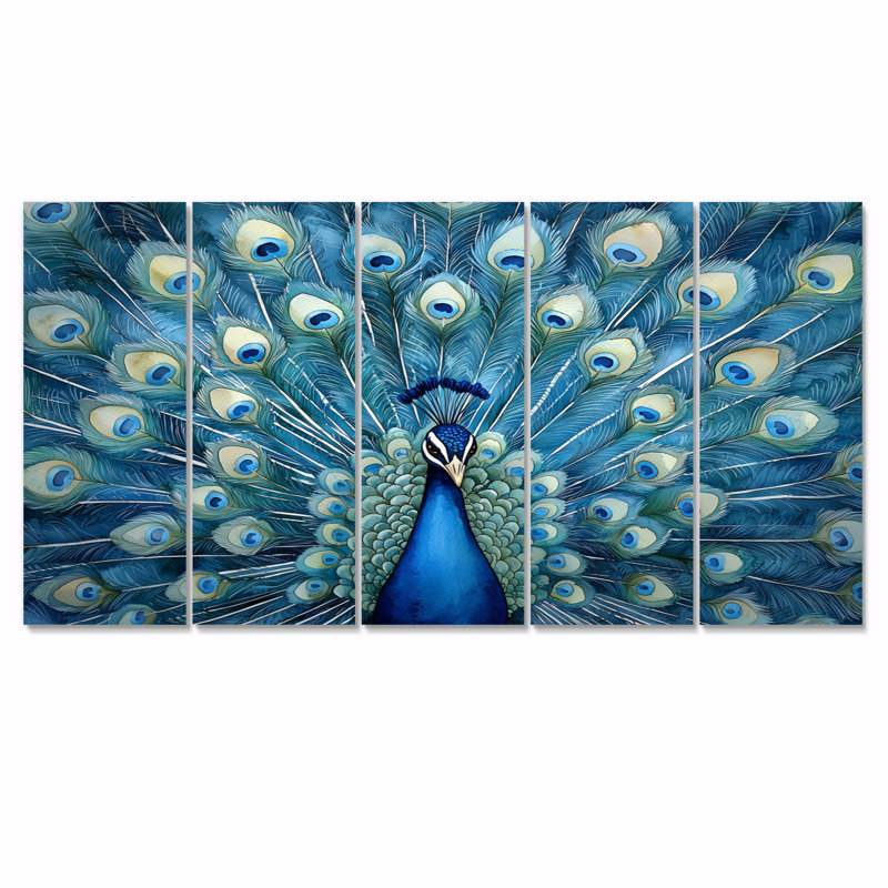 «Royal Peacock Feather présent II», art mural animal paon - décoration murale moderne, H 28 po x l 60 po