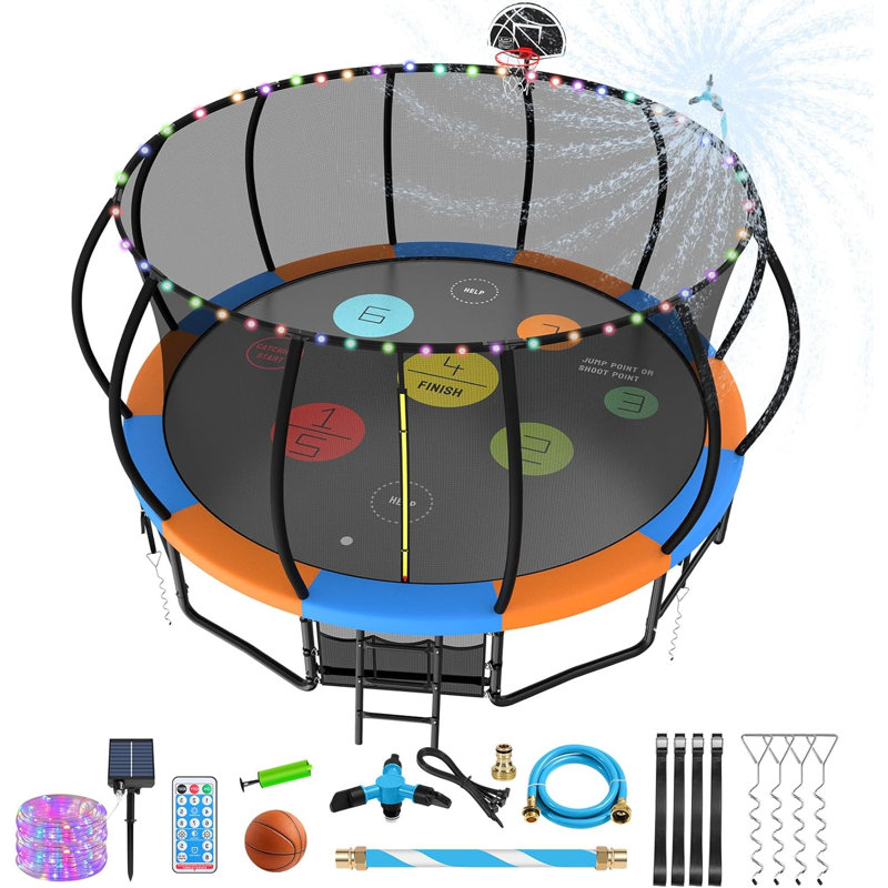 Trampoline de jardin rond avec enceinte sécuritaire Sapphome, Bleu/orange