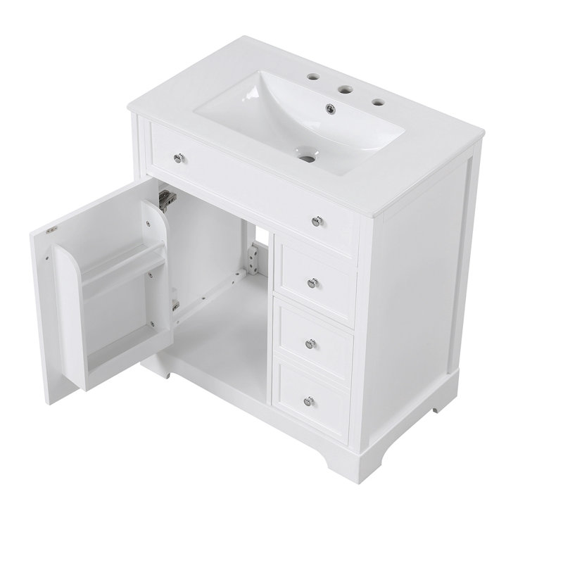 Meuble-lavabo de 30 po avec comptoir d'évier, meuble-lavabo avec porte et deux tiroirs, panneaux de fibres à densité moyenne, bois massif, un paquet, blanc (ancien numéro de référence: N725P198484K)