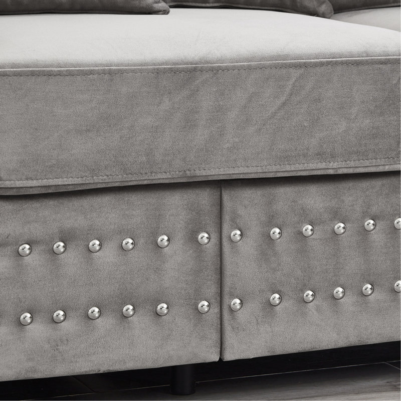 Velours gris à 3 places au design moderne, accoudoirs carrés décorés de clous argentés, pieds en bois massif, siège en éponge haute élasticité, housse amovible, espace de rangement orné de clous, structure, ressort