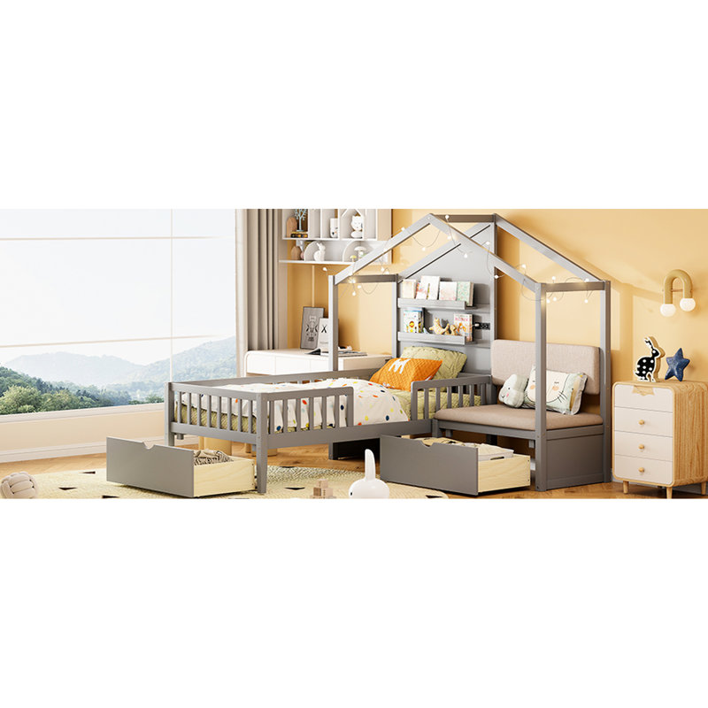 Gray Twin House Bed With Upholstered , Next-Gen Wireless Charging Station, And Functional Shelves Drawers For Storage Efficient Charging, Versatile Options