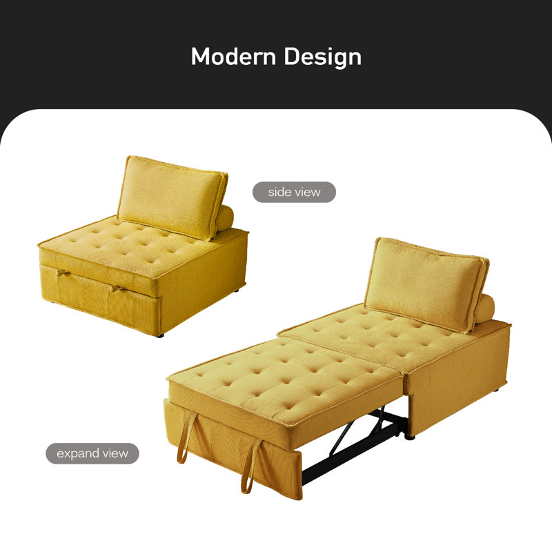 Upholstered 39 " Linen Sofa Bed, Yellow 100% Linen