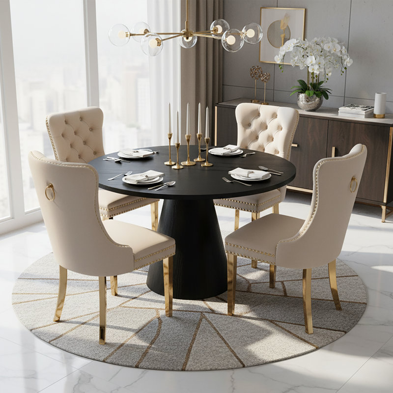 Ensemble de salle à manger rembourré en velours contemporain avec table ronde en bois, Beige, Noir