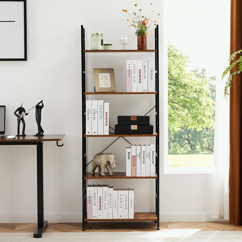Metal Frame Bookcase with 5 Tier Open Bookshelf, Brown