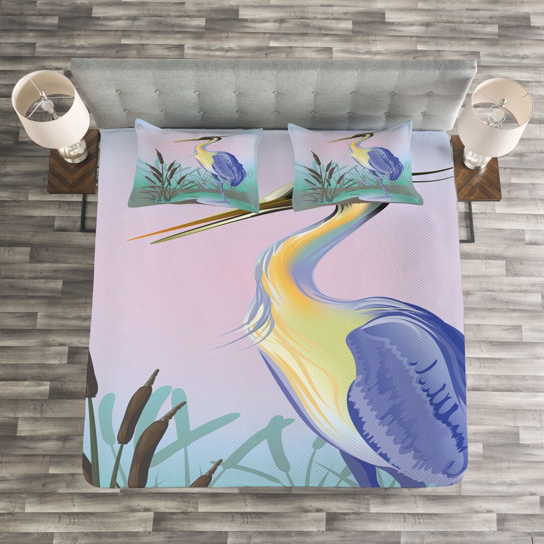 Gestepptes Bettdecken-Set, Heron mit Reed Wasser, Tierwelt, Mehrfarbig