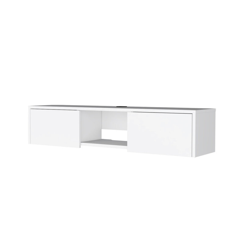 Meuble télé moderne blanc flottant à 2 portes, idéal pour les petits espaces, qui permet d'organiser les médias, s'adapte aux téléviseurs de 40 à 49 po et compacte, permet d'organiser efficacement les composants,