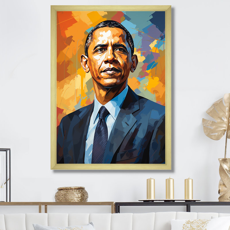 «Popart Obama Portrait - President», reproduction sur toile_105809, H 40 po x l 30 po x P 1,5 po, Encadrement doré