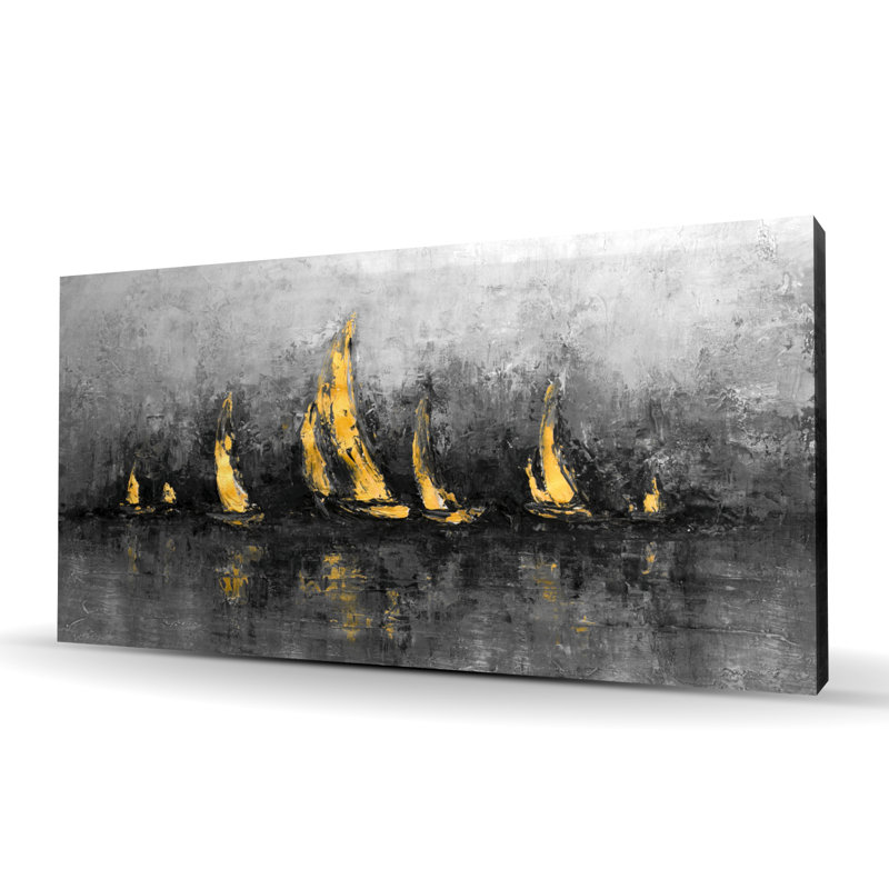 Gold Sailboats Bathroom Black Canvas | Home Decor Art