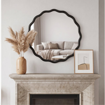 36" x 36" Solid Wood Wavy Wall Mirror, Black – Modern Farmhouse Vanity Mirror for Bathroom, Bedroom, Living Room, Entryway