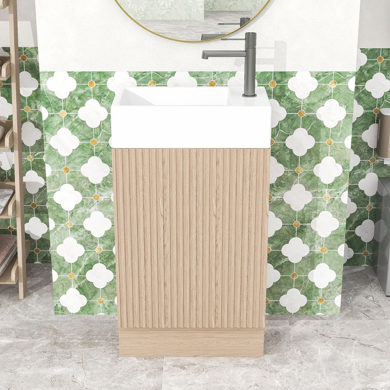 Meuble-lavabo autoportant avec lavabo en céramique, porte-papier et armoire de rangement à deux niveaux, Naturel