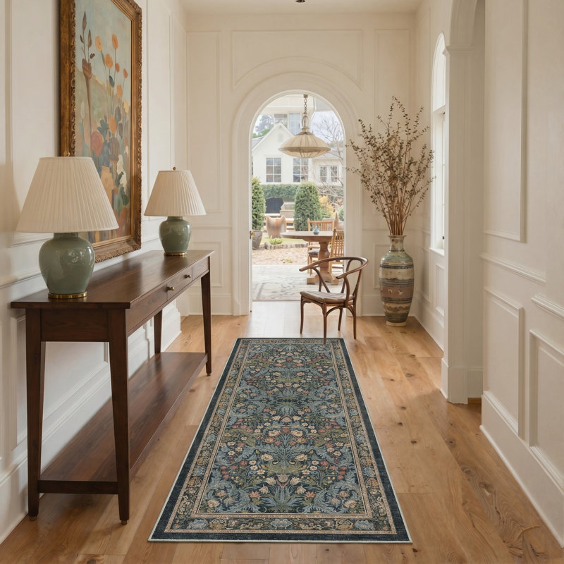 Aubepine Machine Washable Non-Slip William Morris Style Blue / Green / Beige / Red Indoor Botanical Floral Area Rug