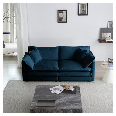Canapé pour causeuse moderne en tissu de grande taille à 2 places avec 4 coussins, chenille bleue