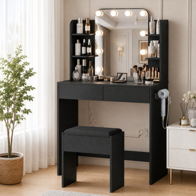 Makeup Vanity With LED Lighted Mirror & Power Outlet, Vanity Desk With 2 Drawers, 4 Open Shelves and Hair Dryer Rack For Bedroom