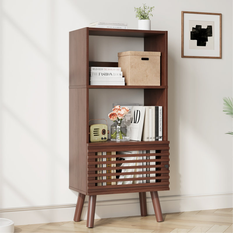 Small Bookcase, 43" H Open Shelf Cube Bookshelf With Slatted Door, Mid-century Bookcase With 3 Cubes, Open Shelves Display Storage Cabinet For Living Room, Home Office, Walnut