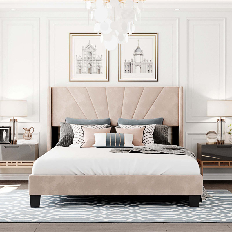 Grand lit plateforme tapissier en velours, Beige