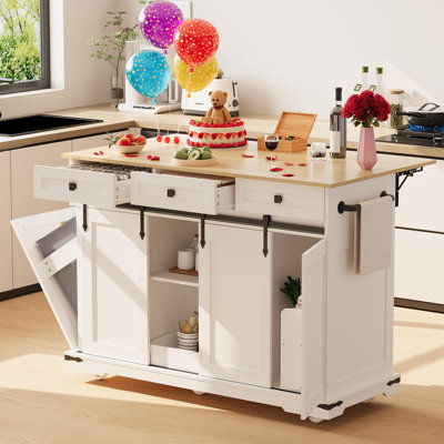  54" Kitchen Island&Drop Leaf&Power Outlet Large Rolling Cart&Trash Cabinet, 2 Sliding Barn Doors, 3 Drawers Mobile Island Table&Spice Rack&Towel Rack