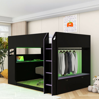 Lit mezzanine double en bois avec bureau, lumières RVB et 2 tiroirs
