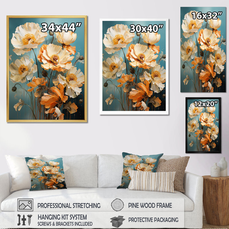Beige Twilight Impressionistic Poppies, reproduction d'art sur toile, Cadre simple argenté, H 20 po x l 12 po x P 1 po