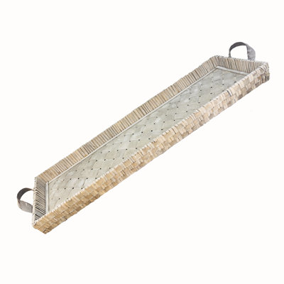 38" x 11.8" Extra Large Handwoven Wicker & Wood Tray with Handles – Oversized Long Decorative Tray for TV Console, Dining Table, Centerpiece – Farmhouse, Boho, Rustic Style