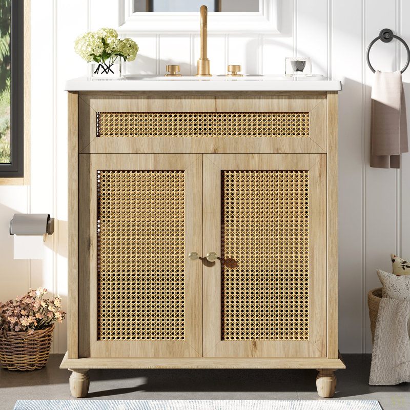 Meuble-lavabo de 30 pouces: portes en rotin tissé à la main, pieds en bois massif et lavabo en résine