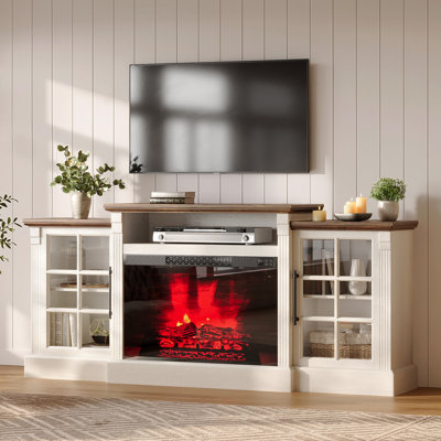 Meuble télé Chiara 70 po (178 cm) de largeur, style ferme, avec foyer, pour téléviseurs jusqu'à 75 po (190 cm) et grand espace de rangement, blanc/chêne.