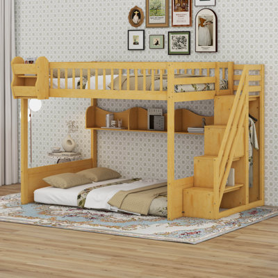Queen Size Wooden Loft Bed With Staircase And Wardrobe,Storage Shelves And Under-Bed Space