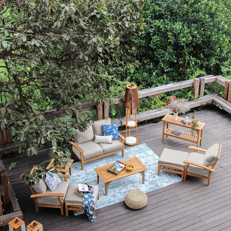 Chaise de patio en teck avec coussins Summerton, Structure brune / coussin beige