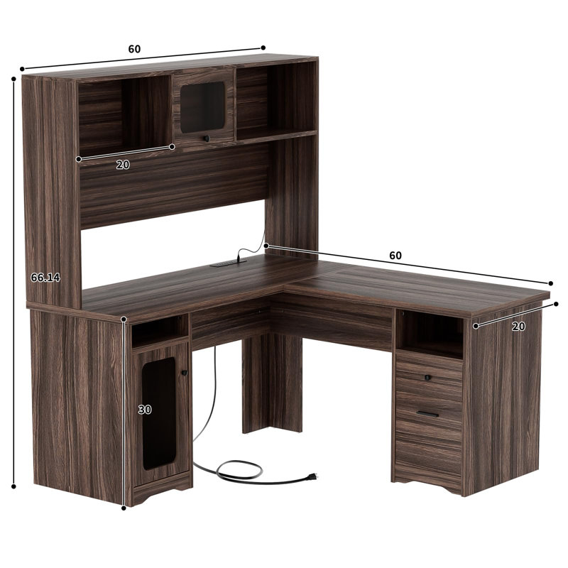 Black L-Shaped Executive Desk with Hutch and Power Outlet