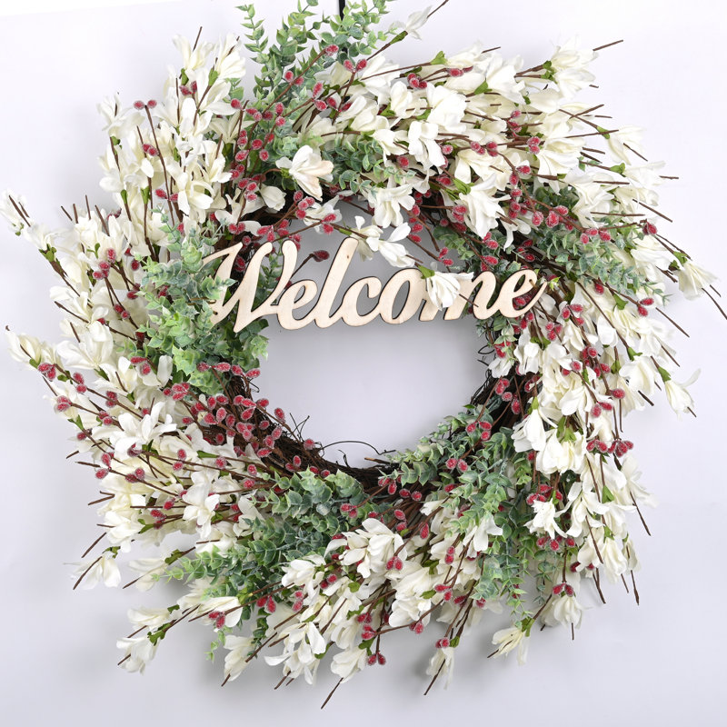 Couronne de Noël en fausse couronne de Noël fabriquée à la main 24 po pour porte d'entrée, Blanc / rouge