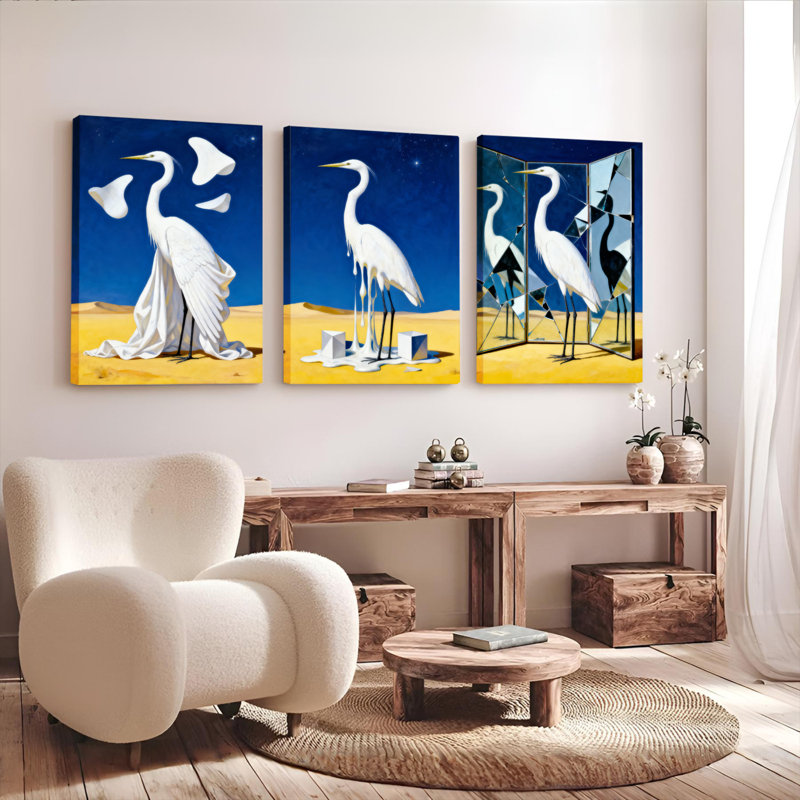 Ensemble de 3 tableaux abstraits sur toile tendue représentant des aigrettes, H 18 po x l 36 po