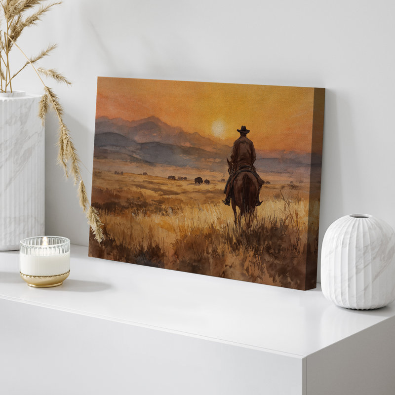 Western Cowboy Sunset, impression sur toile - décor de paysage de prairie rustique pour chalet ou salon, H 16 po x l 24 po