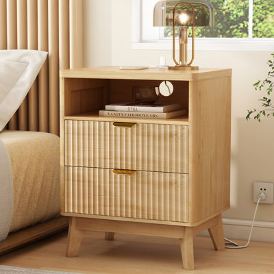 Rhythm Wood Nightstand with Charging Station, Fluted Bedroom Nightstand, Bedside Table Chest, 25.4'' H X 19.7'' W X 15D'' 
