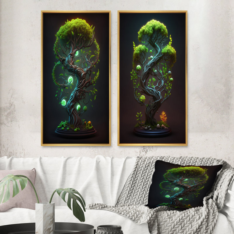 «Neon Bonsai Swirl Tree V», 2 pièces, Encadrement doré, H 24 po x l 20 po