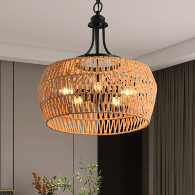 19" Boho Hemp Rope Pendant Light, Hand-Woven Jute Hanging Lamp with Adjustable Chain, Natural Rope Shade Ceiling Light Fixture for Kitchen Island, Dining Room, or Entryway (Bulb Not Included)