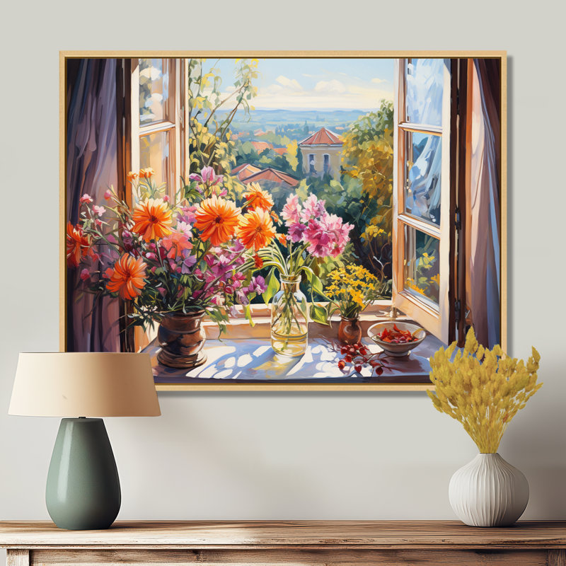 Orange et vert, fenêtre française vue I - Art mural fenêtre, Cadre flottant brun, H 24 po x l 32 po x P 1 po