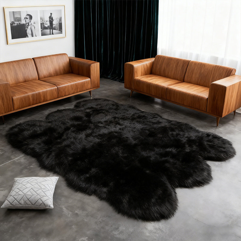 Soft Fluffy Black Faux Sheepskin Area Rug, Novelty 6' x 6'