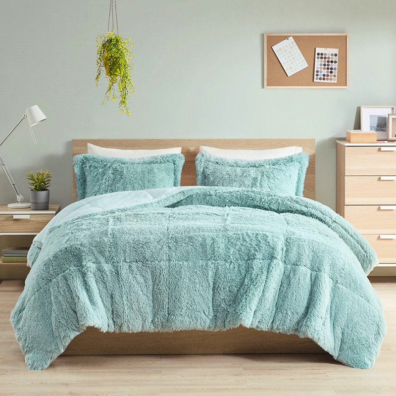 Édredon à poils longs bleu pour très grand lit / très grand lit - dossier chaud l 104 po x L 90 po 2 taies décoratives l 20 po x L 36 po + P 2 po