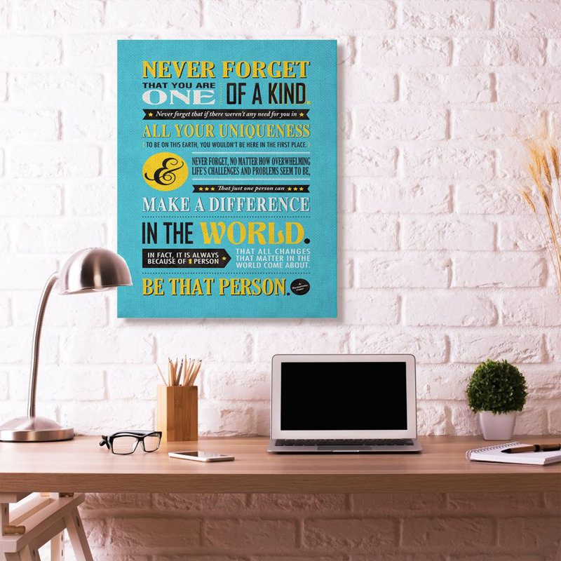 «One Of A Kind Inspirational Yellow Blue Design» par Ester Kay - reproduction d'art textuel sur toile, H 48 po x l 36 po
