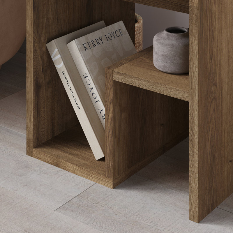 Bon Square End Table Open Shelf Storage, G-Shaped Coffee Table 40cm, Dark Oak