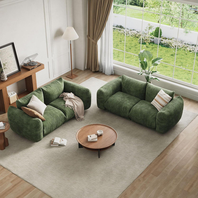 Chenille Modular Love Seat Sofa, 2-Seater Cloud Couch with High Resilience Sponge for Small Spaces, Green