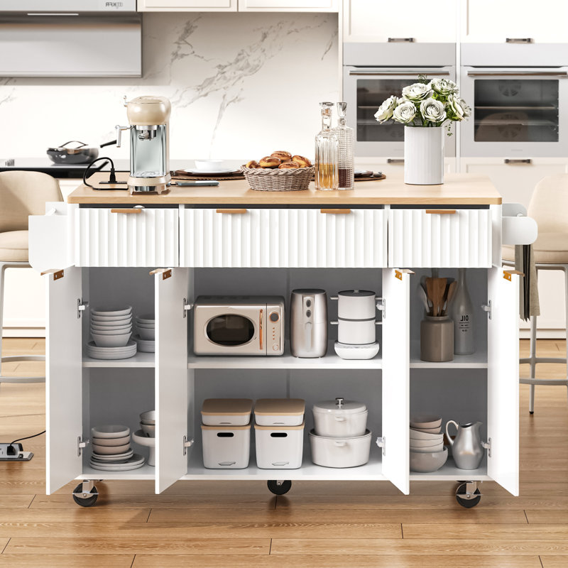 Fluted Kitchen Island With Storage, Drop Leaf, Power Outlet, And Multiple Drawers For Enhanced Functionality And Style, White